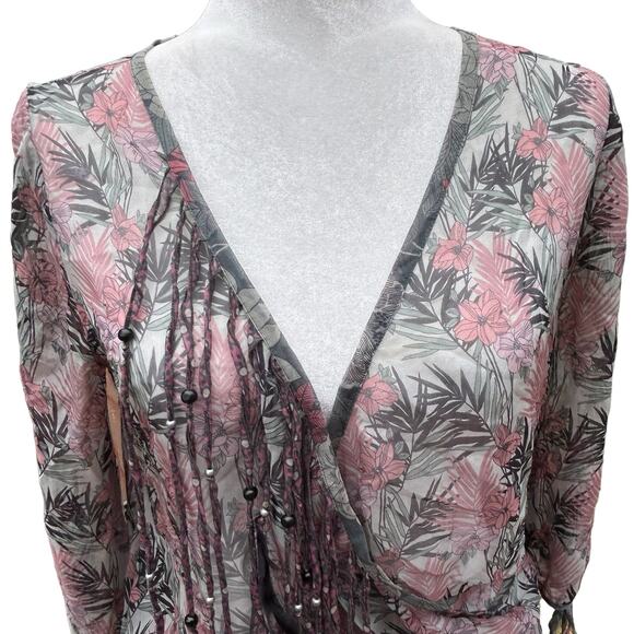 Johnny Was 4 Love & Liberty Top Small Faux Wrap‎ Peasant Blouse Floral Beads - Picture 2 of 15